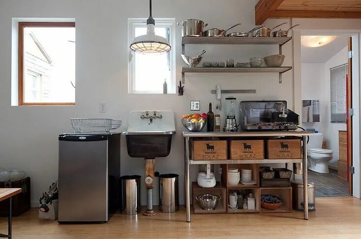 Garagekitchen 2б микрорайон северный фото Stainless steel table and shelves for the small kitchen with industrial eclectic