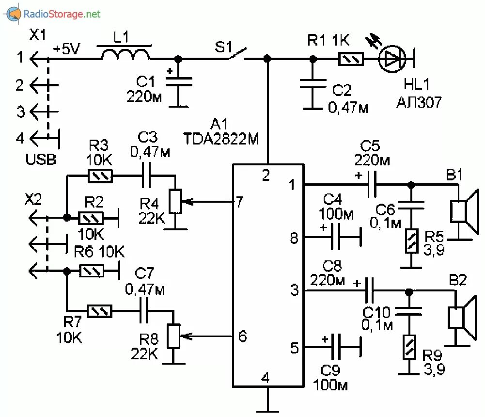 Genius схема усилителя Самодельные колонки с питанием от USB-порта (TDA2822M, 2x0.5W)