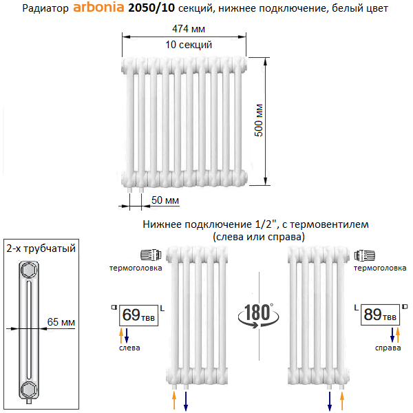 Global нижнее подключение Радиатор Arbonia 2050/10 секций нижнее подключение 69 твв белый цвет - купить с 