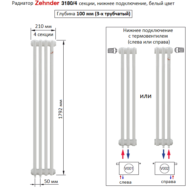 Global нижнее подключение Радиатор Zehnder Charleston 3180 4 секции белый нижнее подключение Completto V00