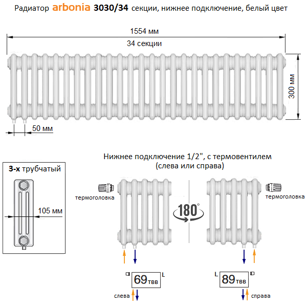 Global нижнее подключение Радиатор Arbonia 3030/34 секции нижнее подключение 69 твв белый цвет - купить с 