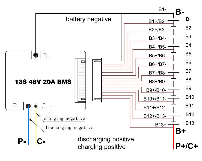 Gm 39 15 схема подключения проводов Купить Литий-ионный аккумулятор BMS 13S 48V 20A, 30A, 40A и 50A BMS для 48V 500 
