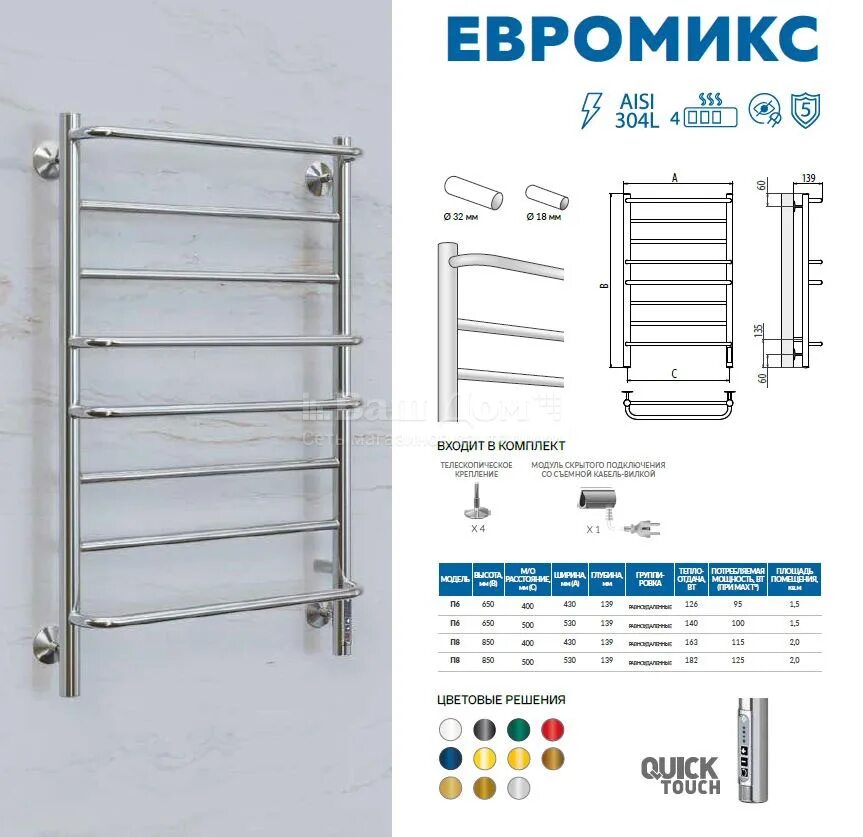 Grois полотенцесушитель электрический подключение Полотенцесушитель электрический Terminus Евромикс П8 500х850 q.t. 125 Вт купить 