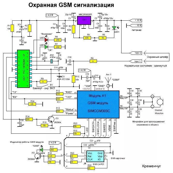 Gsm сигнализация схема подключения Электрическая схема gsm сигнализации