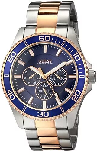 Guess фото часов GUESS Men's U0172G3 Two-Tone Rose Gold-Tone Watch with Blue Multi-Function Dial