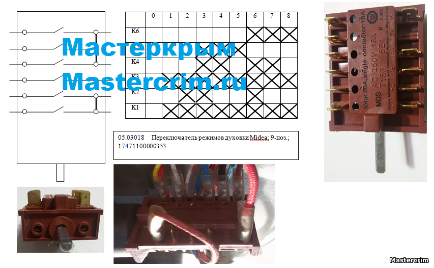 Hansa схемы подключения переключателей Переключатель режимов работы духовки Midea, 17471100000353, 9-поз