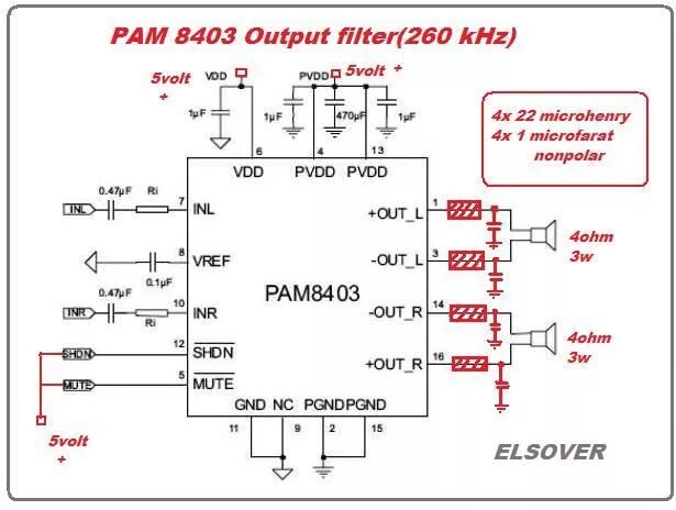 Ram8403 усилитель схема PAM 8403 audio amplifier output filter. (260 kHz Sampling minimize harmonic dist