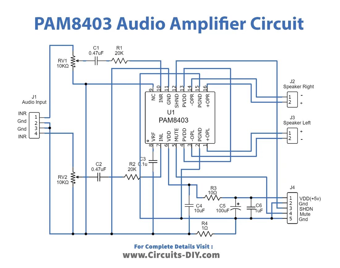 Ram8403 усилитель схема подключения Simple PAM8403 Audio Amplifier Circuit
