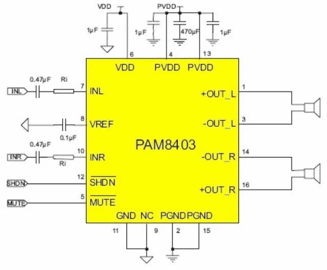 Ram8403 усилитель схема подключения Chip: PAM8403, 2 x 3 W uit 5 V versterker Versterker, Schakeling, Audio