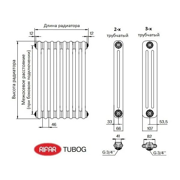 Rifar tubog нижнее подключение Трубчатый радиатор Rifar TUBOG 2047/50 B RAL 9016 белый глянцевый, боковое, ВхШх