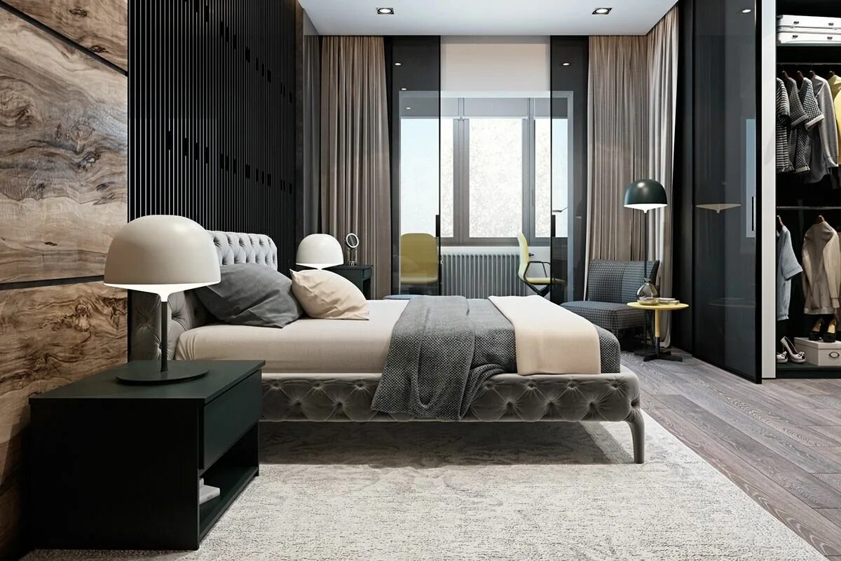 Room дизайн интерьера A Modern Flat with Striking Texture and Dark Styling Home bedroom, Interior desi