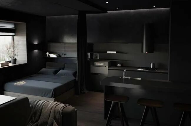 Room room дизайн студия Black small apartment that will attract you attention Black bedroom design, Bedr
