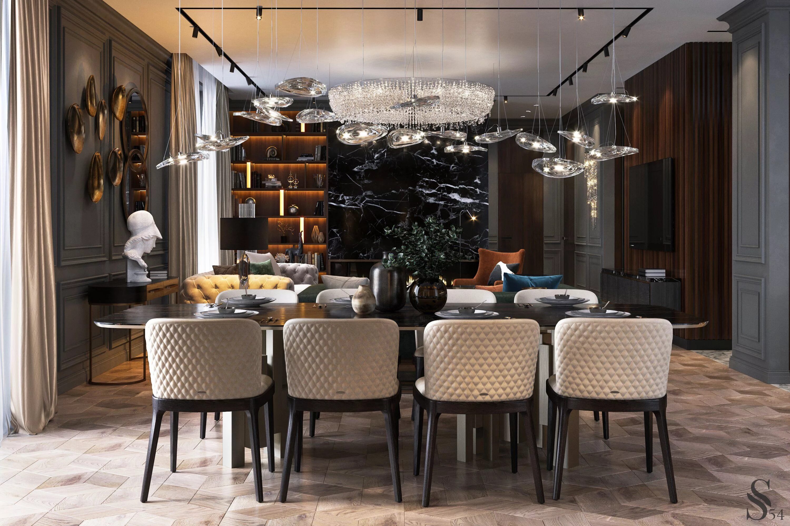 S54 студия дизайна The dining area is combined with the kitchen, that allowed us to place the large