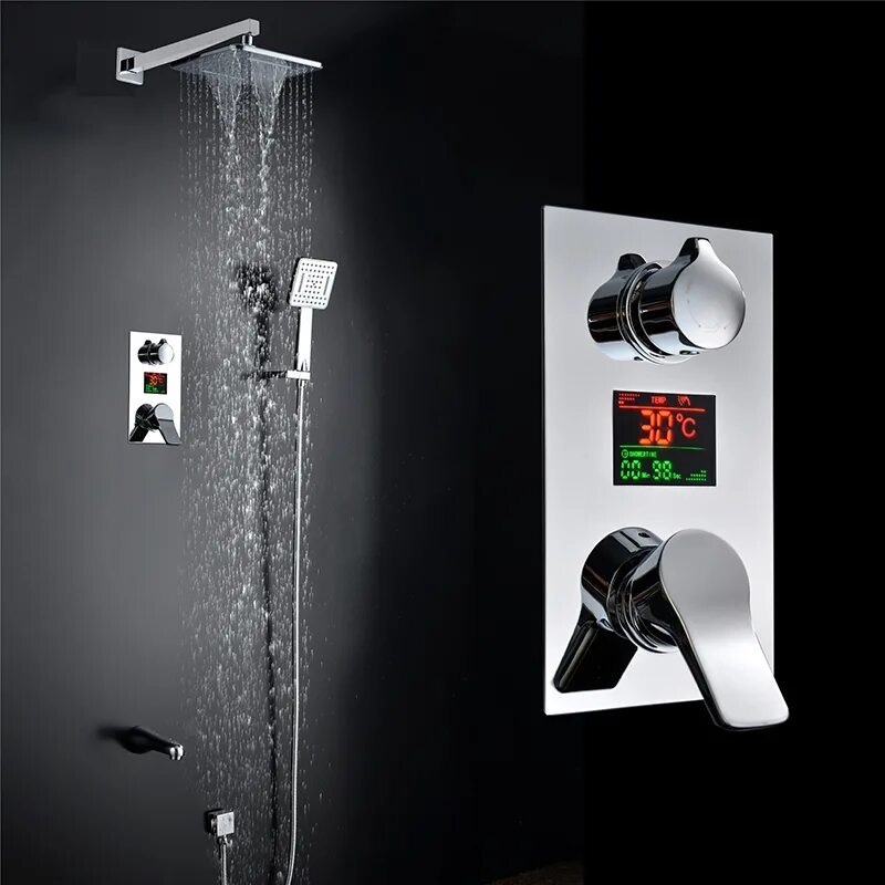 Sanitary wares душевая система подключение и установка Bathroom LED Shower Set 8 Inch Rainfall Shower Head 3 Functions LED Digital Disp