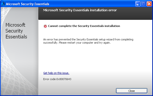Security essentials ошибка подключения windows - MSE v2.0.657.0 (latest) install error 0x80070643 - Super User