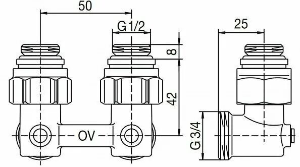Shift q 30.2 нижнее подключение Узел нижнего подключения радиаторов Oventrop Multiflex F 1/2"НРx3/4"НР, из латун