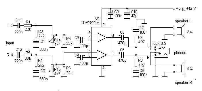 Tda 2822 усилитель схема Усилитель на tda2822
