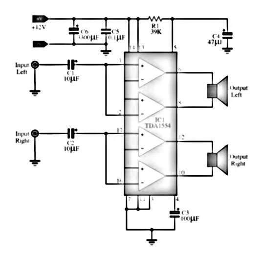 Tda1554q схема усилителя 44 Watt TDA1554 Stereo Power Amplifier Electronics circuit, Amplifier, Power amp