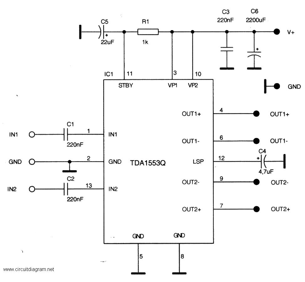 Tda1557q схема усилителя 2 x 22W Stereo Car Audio Amplifier with TDA1553CQ - Circuit Scheme