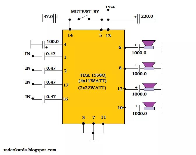 Tda1558q схема усилителя мощности RaDeObLoG: TDA1558Q amplifier (2x22/4x11watt)