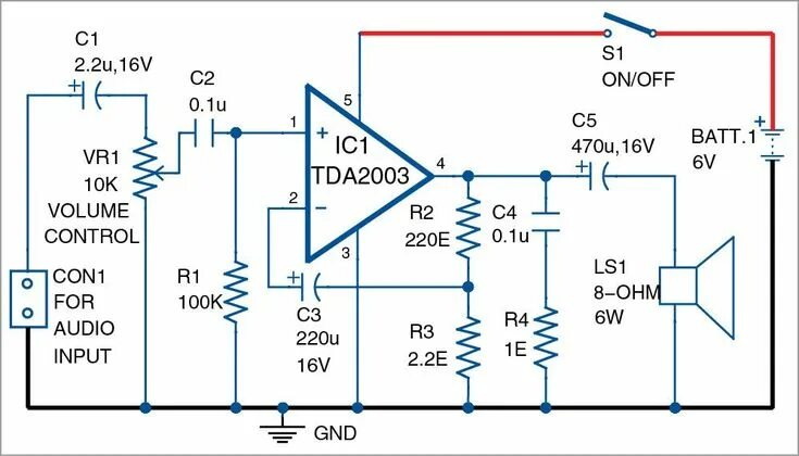Tda2003 схема усилителя 3W/6W Audio Amplifier using TDA2003 Detailed Circuit Available Audio amplifier, 