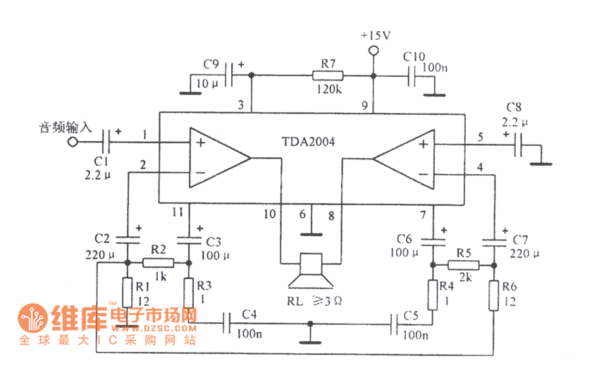 Tda2004r схема усилителя Audio power amplifier TDA2004 application circuit diagram - Audio_Circuit - Circ
