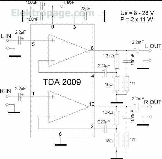 Tda2009a схема усилителя TDA 2009 2X 11 watt amplifier schematic Circuit: TDA 2009 2X 11 watt amplifier c