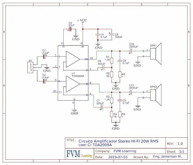 Tda2009a схема усилителя Circuito Amplificador Stereo HI-FI 20W RMS com CI TDA2009A + PCI - FVM Learning 