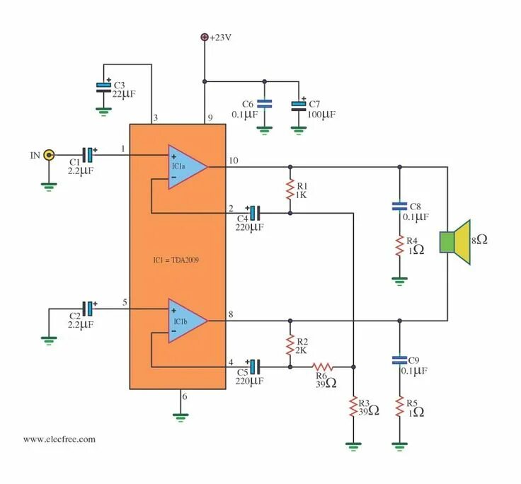 Tda2009a схема усилителя TDA2009 Amplifier stereo 10W High Bridge 28 watts ElecCircuit.com Amplifier, Aud