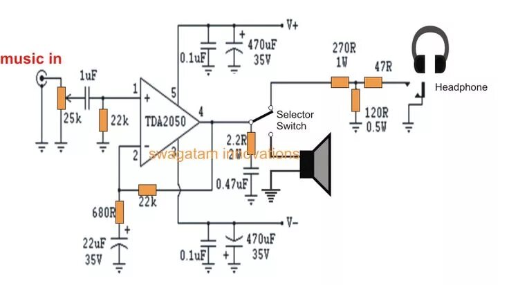 Tda2050 схема усилителя с двухполярным питанием 32 watt Amplifier Circuit using TDA2050 Esquemas eletrônicos, Esquema, Eletronic