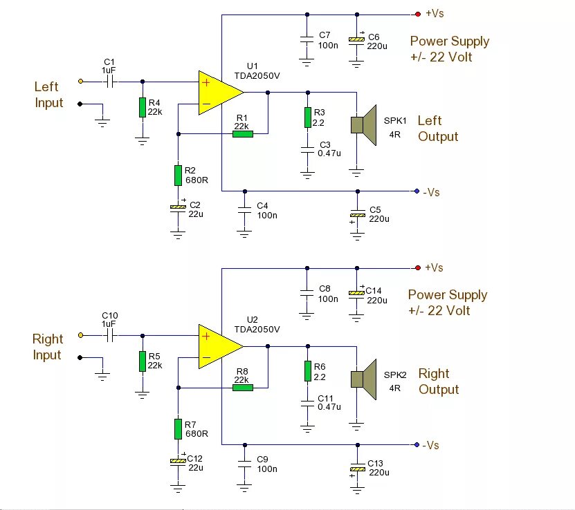 Tda2050 схема усилителя с двухполярным питанием A 32 Watt per channel stereo power amplifier - Amplifier_Circuit - Circuit Diagr