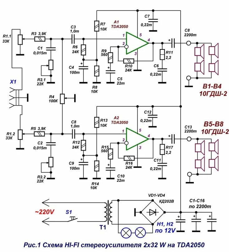 Tda2050 схема усилителя с однополярным питанием HI-FI-стереоусилитель 2 х 32 W на TDA2050 Усилители звука, Электронная схема, Ус