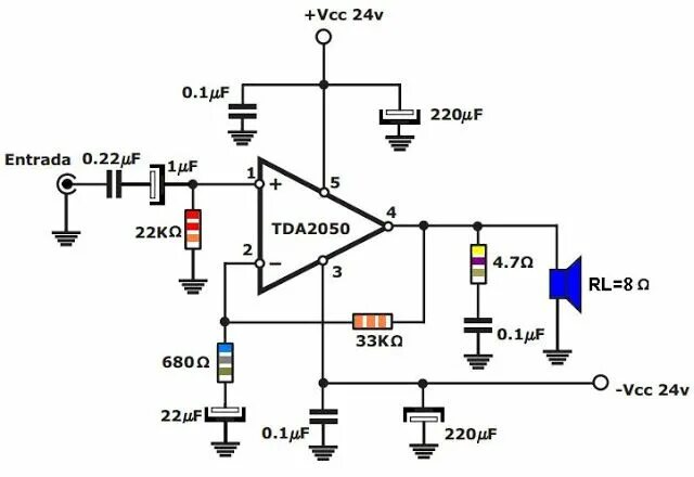 Tda2050 схема усилителя с однополярным питанием Amplificadores de áudio: 35 W amplificador com TDA2050 Amplificadores de audio, 