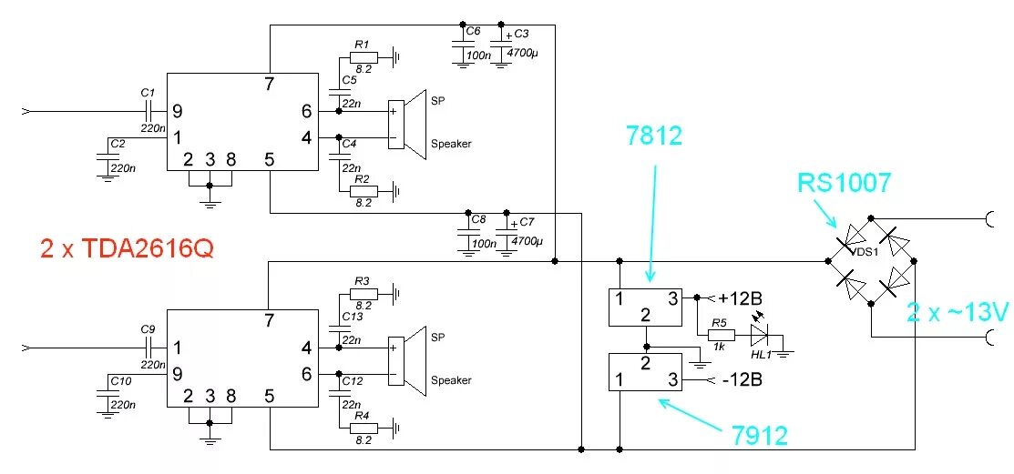 Tda2616 усилитель схема и печатная плата Tda2616 усилитель схема однополярный