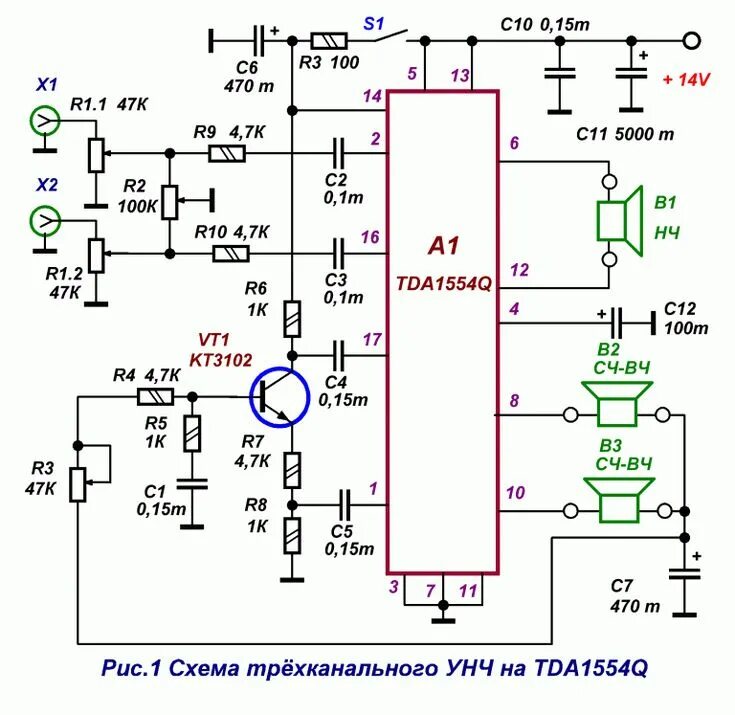 Tda6107q схема усилителя Схема трёхканального УНЧ на TDA1554Q Кое-что из радиотехники в 2020 г Усилитель,