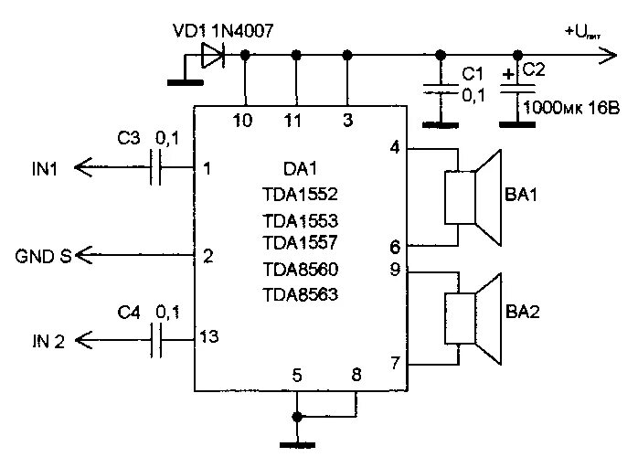 Tda7057aq схема усилителя Усилитель 2x22 Вт на TDA1552