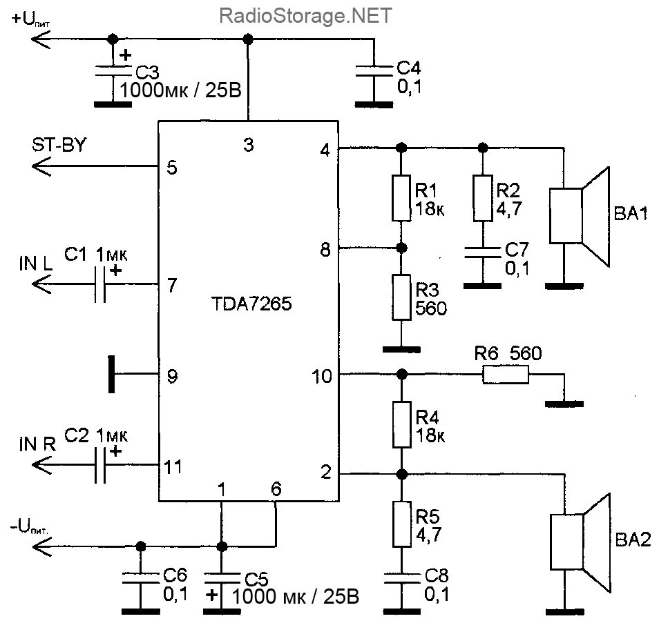 Tda7265 схема усилителя с двухполярным Усилитель 2x25 Вт на TDA7265