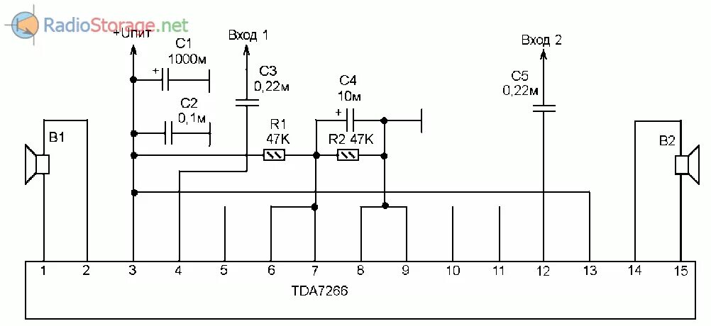 Tda7266 схема усилителя Схема усилителя мощности на микросхеме TDA7266, даташит (3-18В, 1-7Вт) Diagram, 