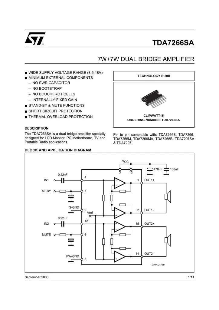 Tda7266 схема усилителя STMICROELECTRONICS TDA7266M