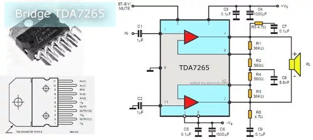 Tda7269 схема усилителя BTL Power Amplifier Circuit using IC TDA7265 Power amplifiers, Amplifier, Subwoo