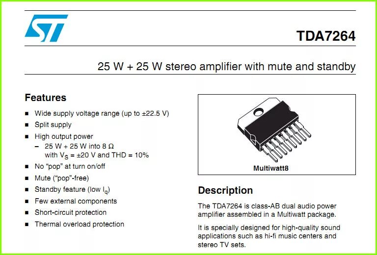 Tda7269 схема усилителя TDA7264 datasheet