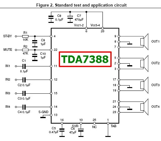 Tda7850 схема подключения усилителя TDA7388 Datasheet - 4 x 45W Bridge Car Radio Amplifier - ST