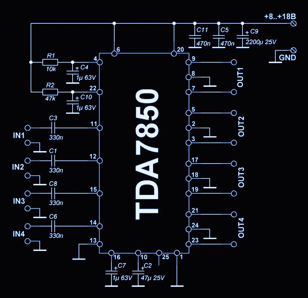 Tda7850 схема усилителя TDA7850. Схема включения, описание, справочник на микросхему TDA7850 Tech compan