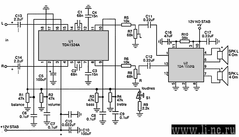 Tda8172 схема усилителя Схема стерео усилителя на TDA1552Q с темброблоком на TDA1524A 22Вт на 4 Ом. Ради