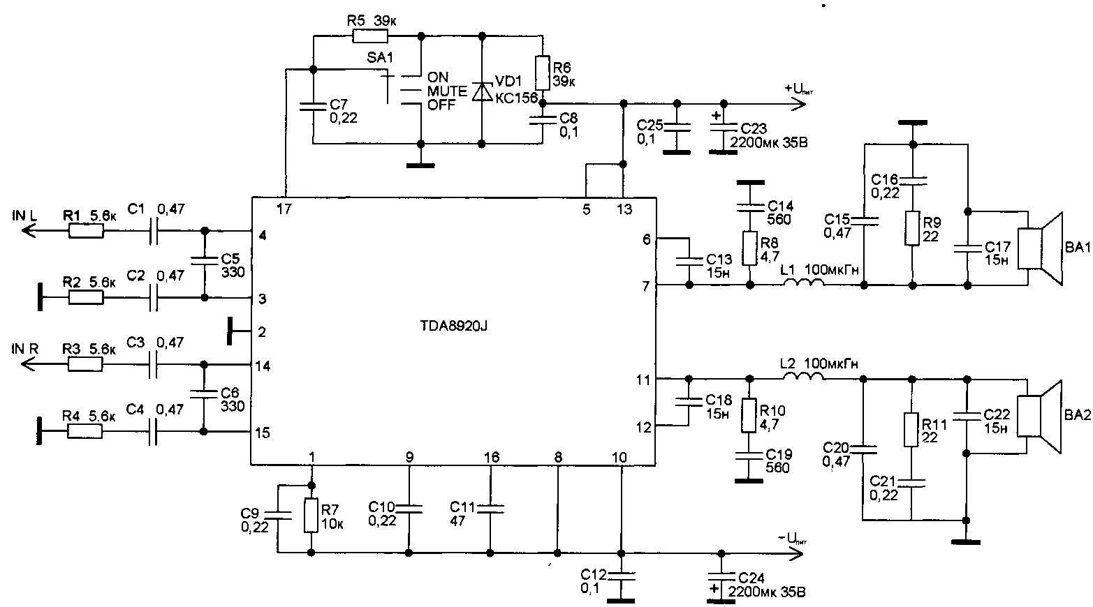 Tda8395p усилитель звука схема Стереоусилитель класса Д на TDA8920J (2x50 Вт)