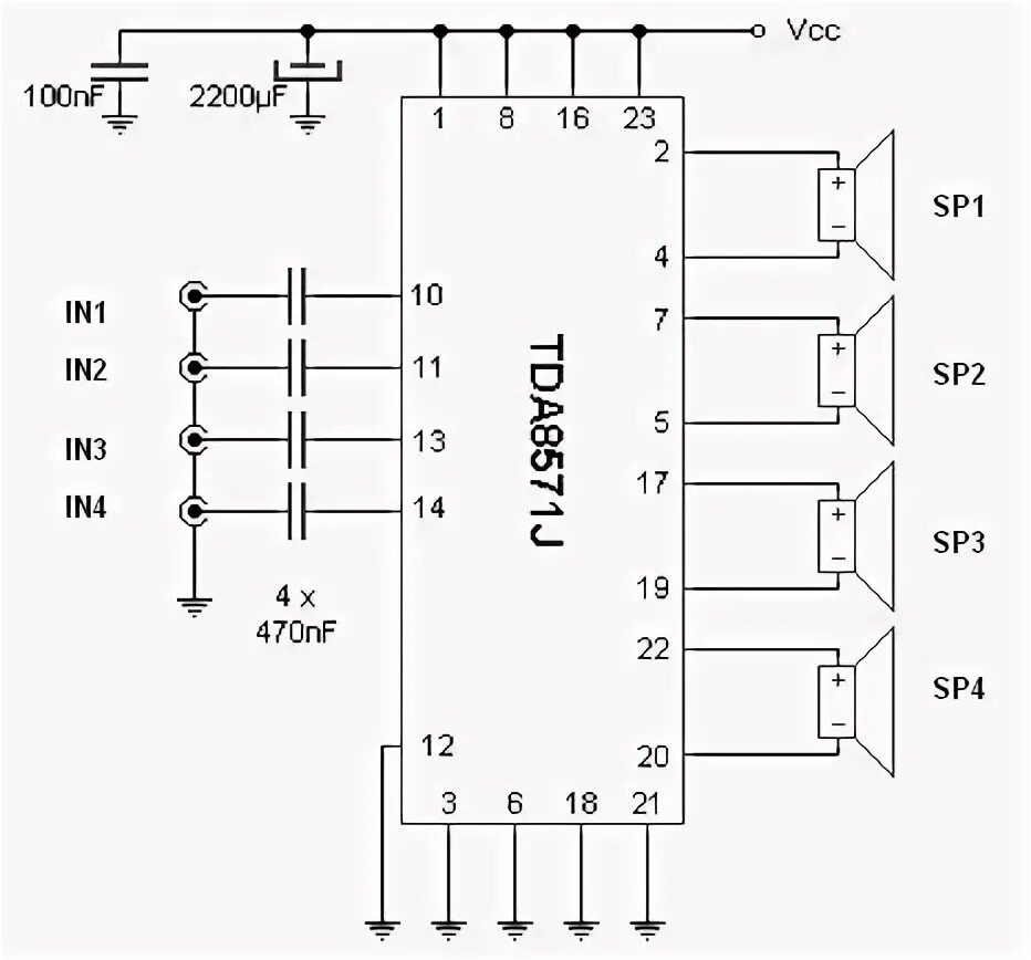 Tda8571j схема усилителя This circuit provides a total of four speakers 4 ohms and 40W at 12v powered. It