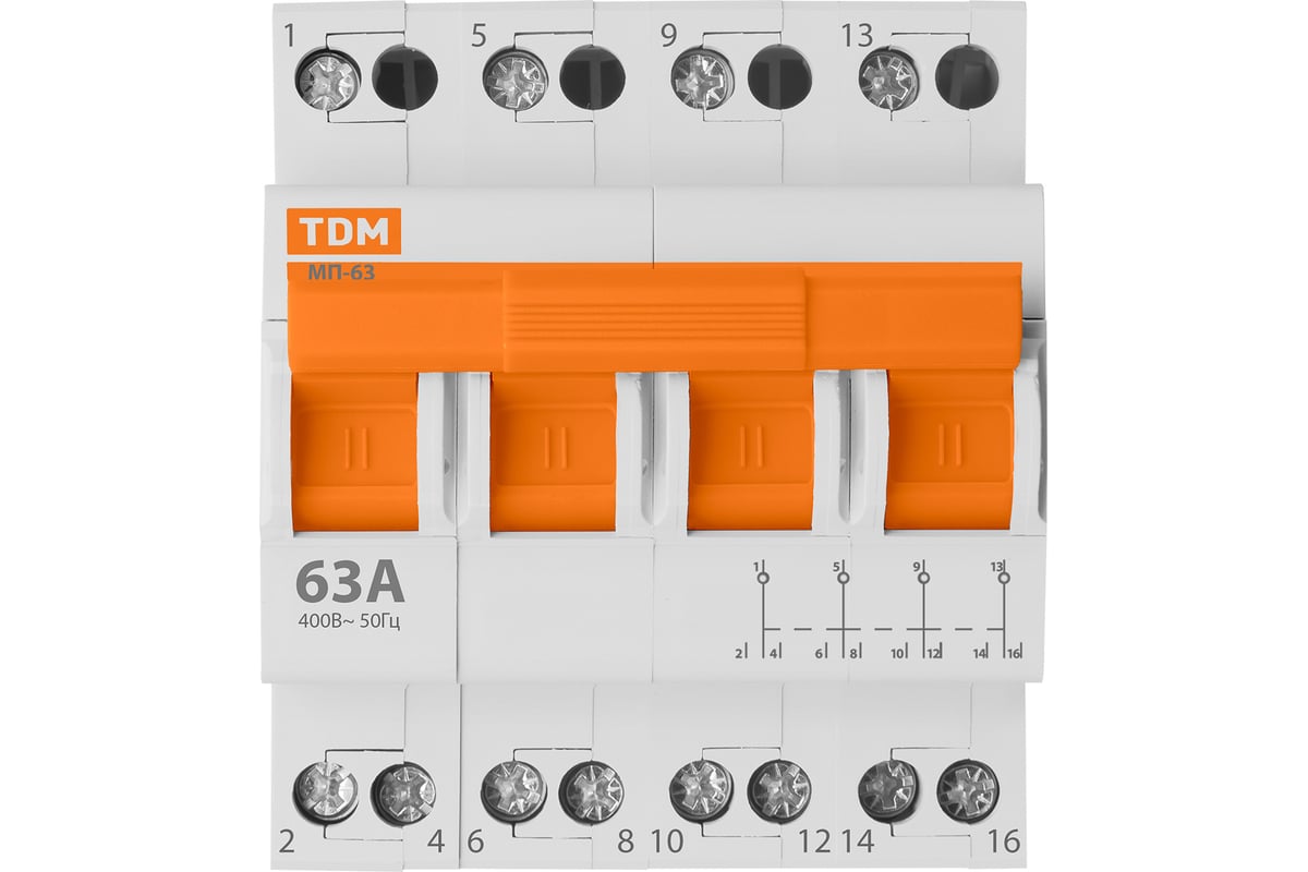 Tdm переключатель мп63 схема подключения Модульный трехпозиционный переключатель TDM МП-63 4P 63А SQ0224-0036 - выгодная 