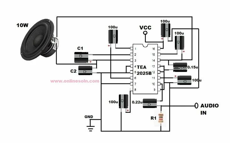 Tea2025b схема усилителя 10W Audio amplifier circuit Designed by using TEA2025B Audio amplifier, Circuit 