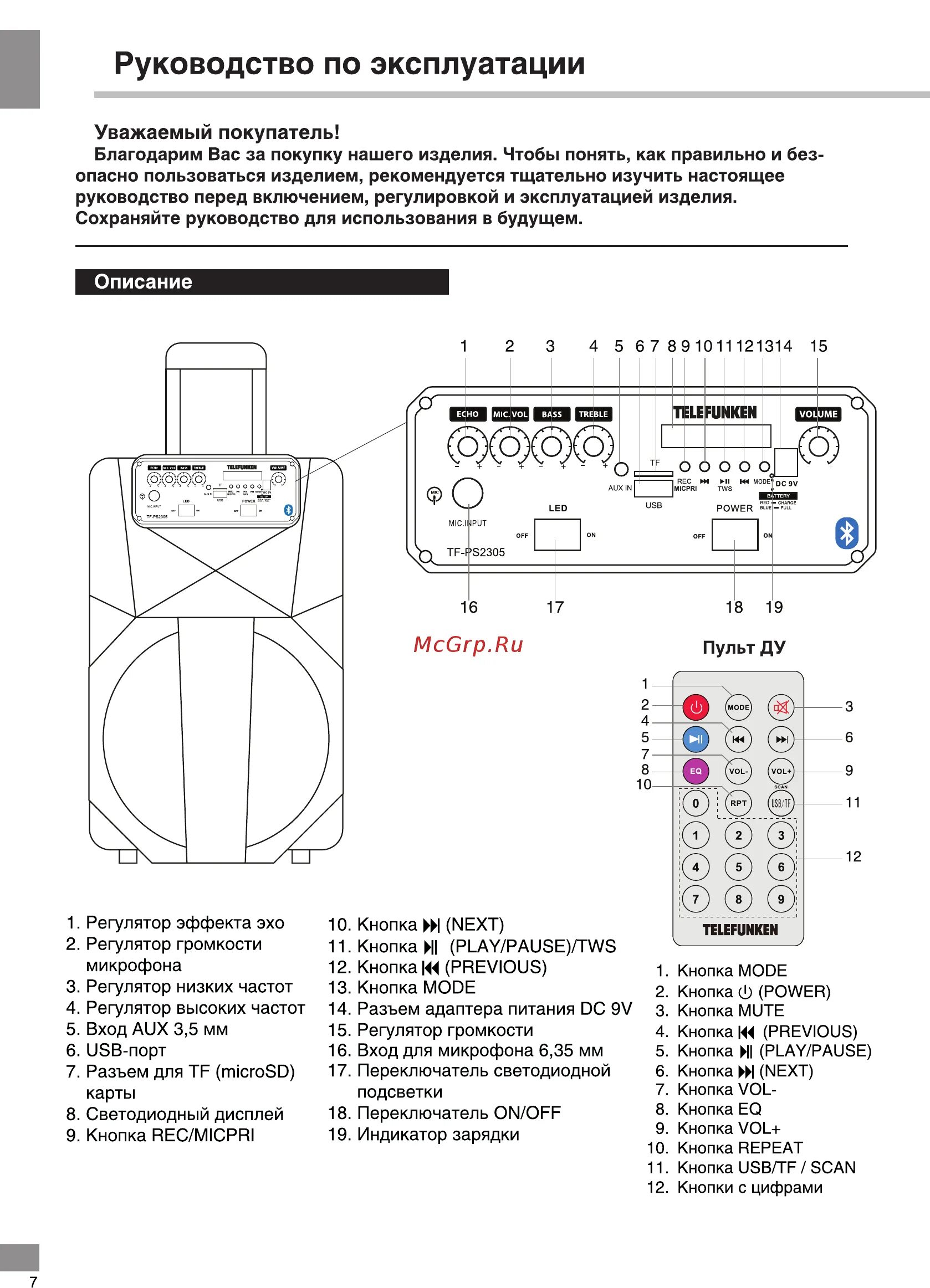 Telefunken как подключить блютуз Telefunken TF-PS2305 8/18 Руководство по эксплуатации