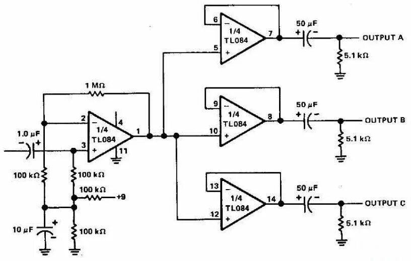 Tl084cn предварительный усилитель схема Build a 3 Channels Audio Splitter Amplifier Circuit Diagram using TL084 Circuit 